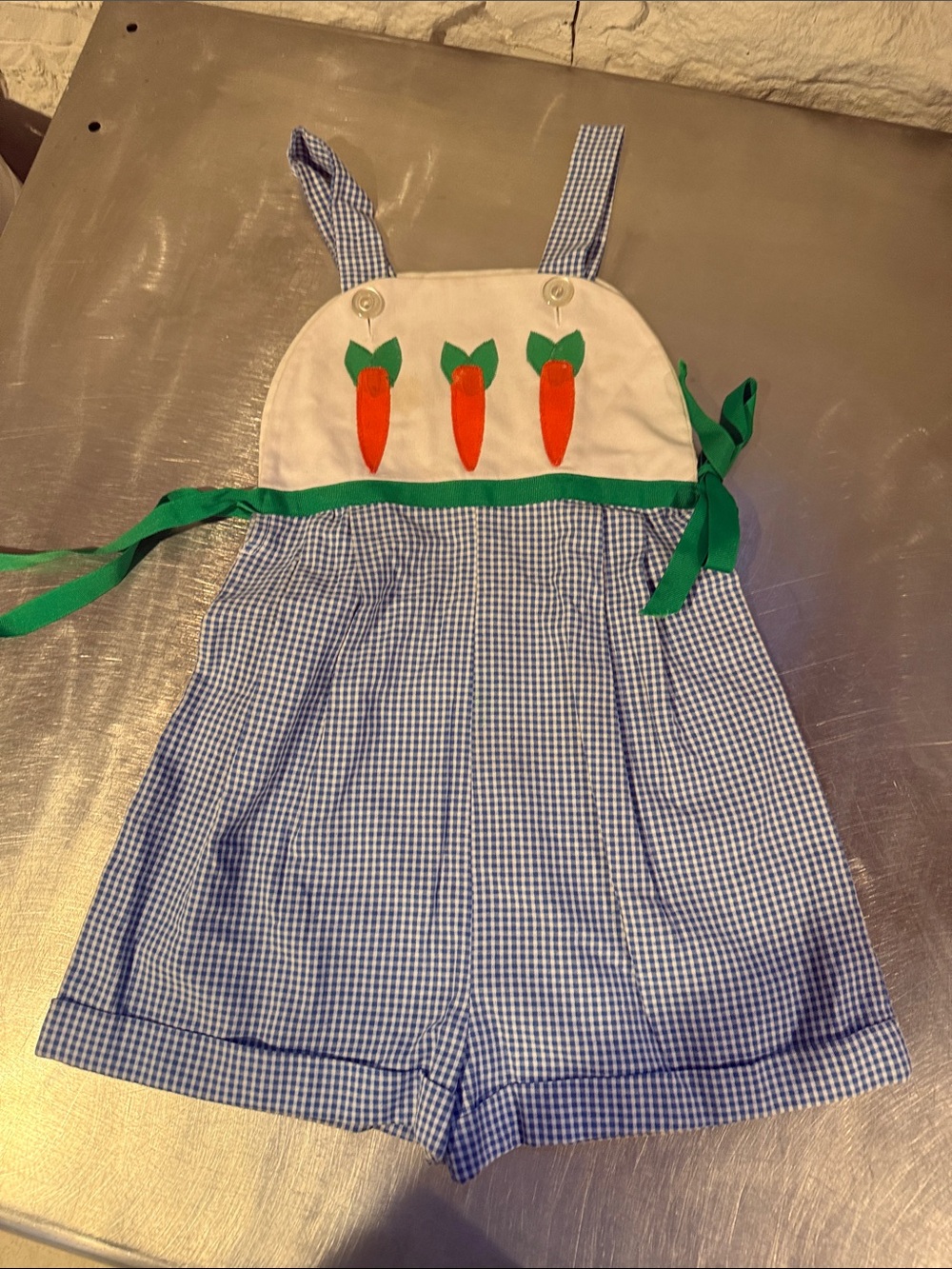 Kids Gingham Carrot Appliqué Romper - Blue